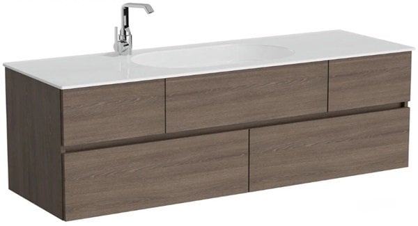 Vitra Memoria 66718 Lavabo Dolabı 150 cm, Seramik Lavabolu, Soldan Armatür Delikli, Moka Meşe